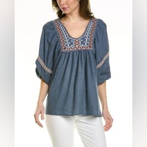 Max Studio Embroidered Boho Pesant Puff Sleeved Festival Blouse Cotton Blend S